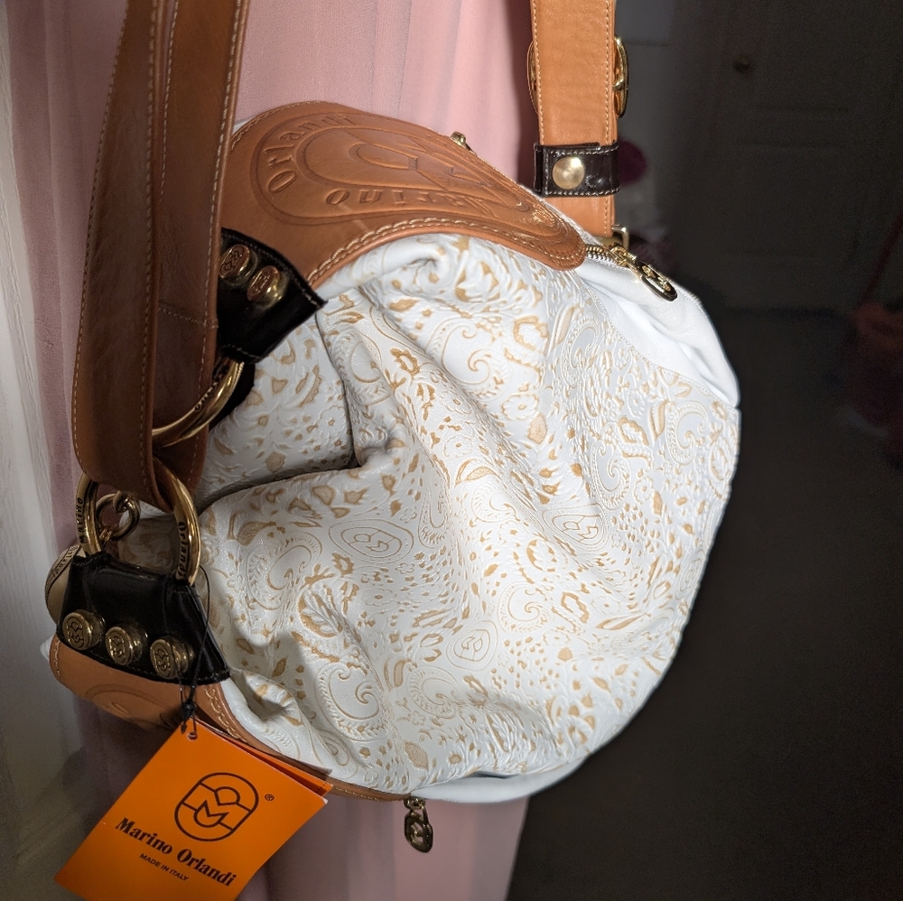 Marino Orlandi Tan and White Shoulder Bag.  Outstanding Design & Craftsmanship.